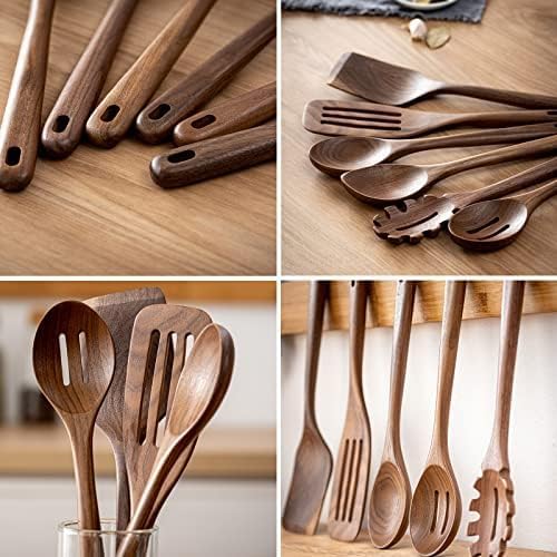 Gudamaye 12 inch Black walnut Wooden spoons for cooking, 6 PCES Long Handel Wooden Spoons, Natural Black walnut Wooden utensil for cooking, Wooden Kitchen Utensil set