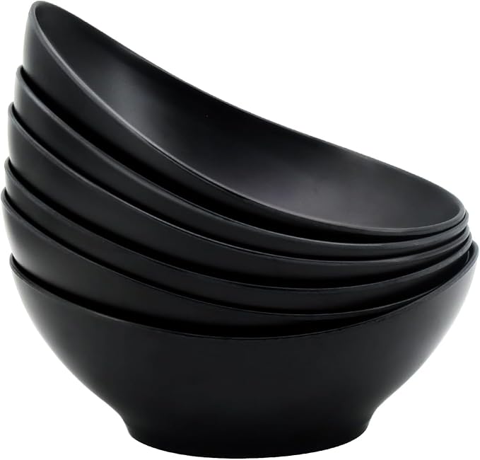 JOYMAY Oval Salad Bowls Set, 34oz Serving Bowls for Kitchen 8.8" Large Bowls for Soup, Oatmeal, Pasta, Snacks, Deep Soup Bowls Set for Salad, Fruit, Vegetable, Ramen, 6PC-Black