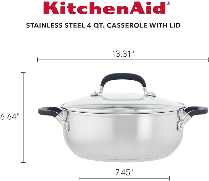 KitchenAid 71021 Stainless Steel Casserole with Lid, 4 Quart - Brushed Stainless Steel