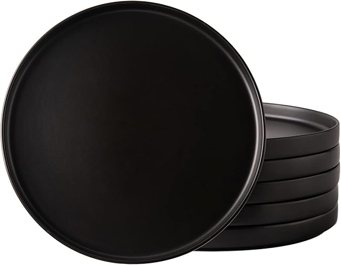 AmorArc Ceramic Dinner Plates Set of 6, 10.0 Inch Matte Stoneware Plates for Kitchen,Modern Flat Dinnerware Dishes Set,Microwave& Dishwasher Safe, Scratch Resistant, Matte Black