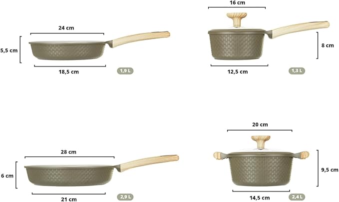 Bambù 6Pcs Cookware set, Die-cast Aluminum pots and pans, Nonstick frying pans and casseroles, Induction safe, PFOA-free (Green and Cream, 6 pcs)