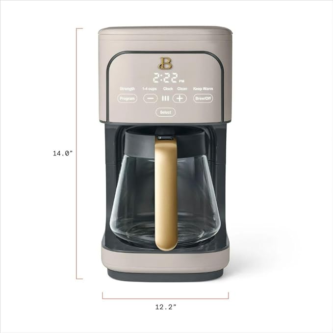 Beautiful 12-Cup Programmable Coffee Maker with Touch Activated Display, Auto Brew Timer, Reusable Filter, Large Glass Carafe (Porcini Taupe)