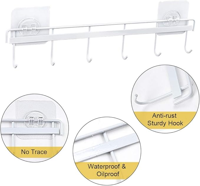 YiZhi Adhesive Wall Hooks Rack Kitchen Rail, Space Saving Utensil Holder No Drilling Wall Mounted Accessory Hanger with 6 Hooks for Kitchen Bathroom Bedroom Pack of 2 (White)