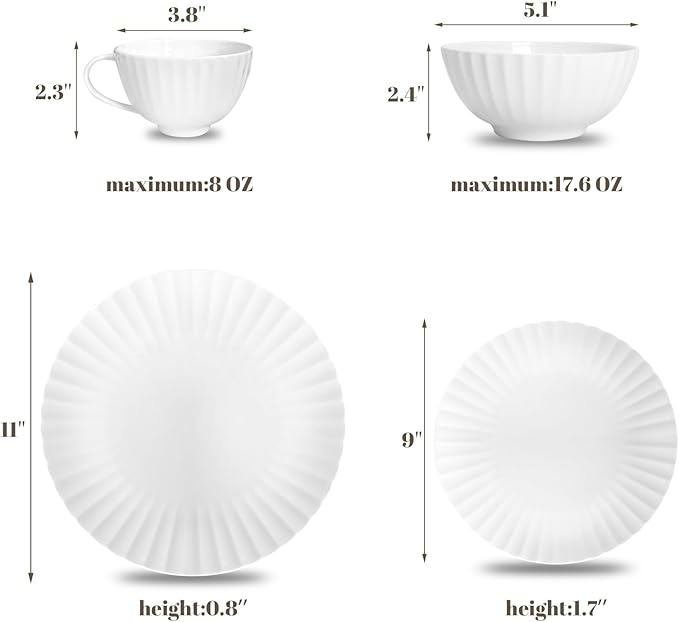 16-Piece Bone China Dinnerware Set for 4, White embossed dinnerware set, Plates and Bowls with Textured Design, Microwave Dishwasher Safe