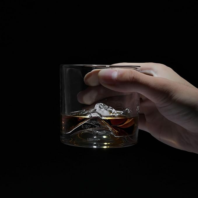 LIITON Denali Mountain Heavy Crystal Whiskey Glasses Gift Set of 2, Thick Freezable Bourbon Glass 1lb Each, Premium Whiskey Gifts for Men, Frozen Crystal Chills Cocktails, 10 oz