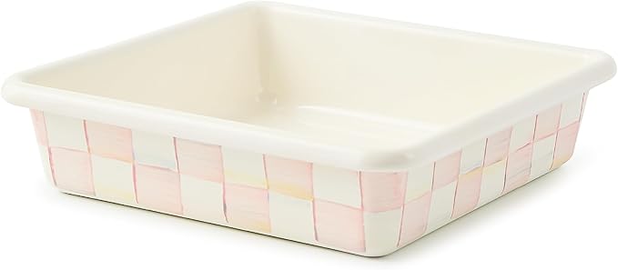 MACKENZIE-CHILDS Enamel Square Baking Pan for Oven, Square Oven Pan, 8", Pink-and-White Rosy Check