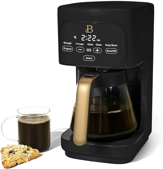 Beautiful 12-Cup Programmable Coffee Maker by Drew Barrymore, Touch-Activated Display, Auto Brew 24hr Timer, Regular/Gourmet/Bold Strength Options, Auto Clean & Keep Warm – Matte Finish (Black Sesame)