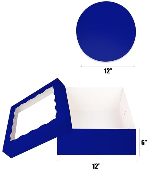 qiqee 12x12x6 Cake Box, 18 Sets Gemstone Blue Cake Box with Window ＆ 18 Sets 12" Gemstone Blue Cake Round Boards, 12inch Cake Containers