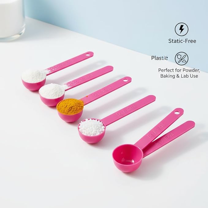 5g Plastic Measuring Spoons (10ml) – Pack of 5 mini Scoops for Protein Poweder, Creatine, Coffee, Lab, Baking, Laundry, Canisters, Dry Goods – 1 Teaspoon Measuring Spoons (tsp), Pink