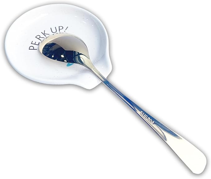 Coffee Spoon Rest with spoon, Mini Coffee Spoon Holder for Coffee Stirrers, Teaspoon, Coffee Bar Accessories, (Yellow Coffee Spoon Rest with Pattern & Gold Ellipse Spoon)