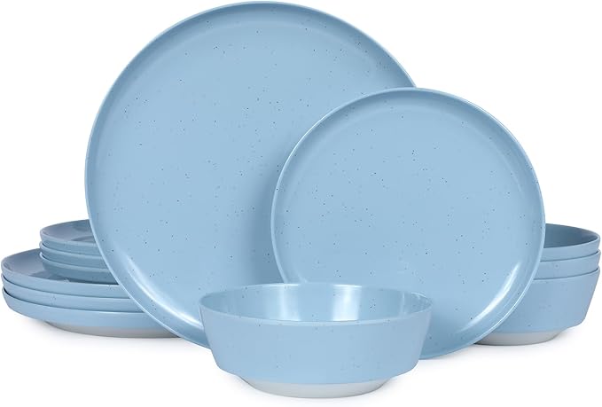 Webbylee 12-Piece Melamine Dinnerware Set - Unbreakable Plates & Bowls Set for 4, BPA-Free Lightweight Kitchen Dishes Idear for Camping, Picnic, Party,Blue & Beige