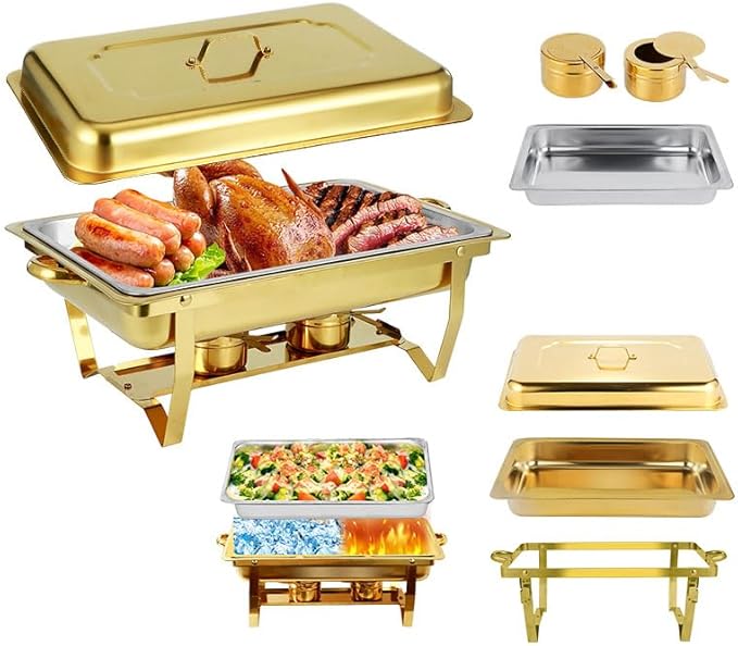 Chafing Dish Buffet Set with Gold Frame, 9 Quart Capacity, 4 Pack, Full Size Chafers