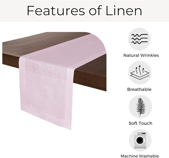 D'Moksha Homes Linen Pastel Pink Table Runner 72 Inches Long - 100% Pure Linen Hemstitch Table Runner 14 x 72 Inch for Dresser, Dining, Summer, Fall and Halloween - Classic Hemstitch