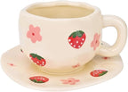 Koythin Ceramic Coffee Mug with Saucer Set, Cute Strawberry Flower Cup Unique Irregular Design for Office and Home, 10 oz/300 ml for Latte Tea Milk