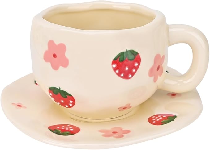 Koythin Ceramic Coffee Mug with Saucer Set, Cute Strawberry Flower Cup Unique Irregular Design for Office and Home, 10 oz/300 ml for Latte Tea Milk