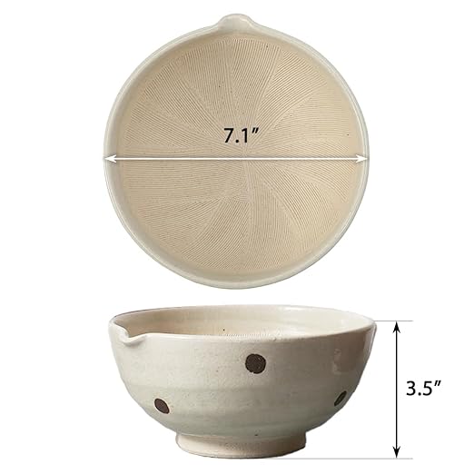 TIKUSAN Japanese Ceramic Ripple Ridge Mortar & Pestle Suribachi Bowl and Surikogi Set with Spout 7.1 inches Made in Japan (White)