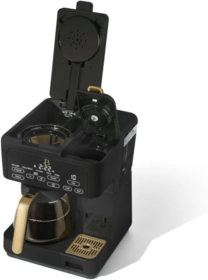 Beautiful by Drew Barrymore Multi-Brew Coffee Maker, 12-Cup Carafe + Single-Serve, Pods or Grounds, Over Ice, Touch Display. (BLACK SESAME)