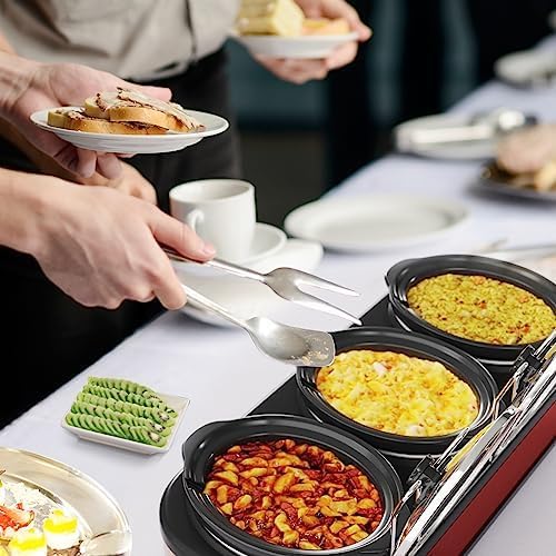 3 * 1.5 Quarts Triple Slow Cooker, Buffet Server & Warmer with 3 Removable Ceramic Pots, 3 Adjustable Temp Settings & 3 Metal Lid Rests, Stainless Steel, Red