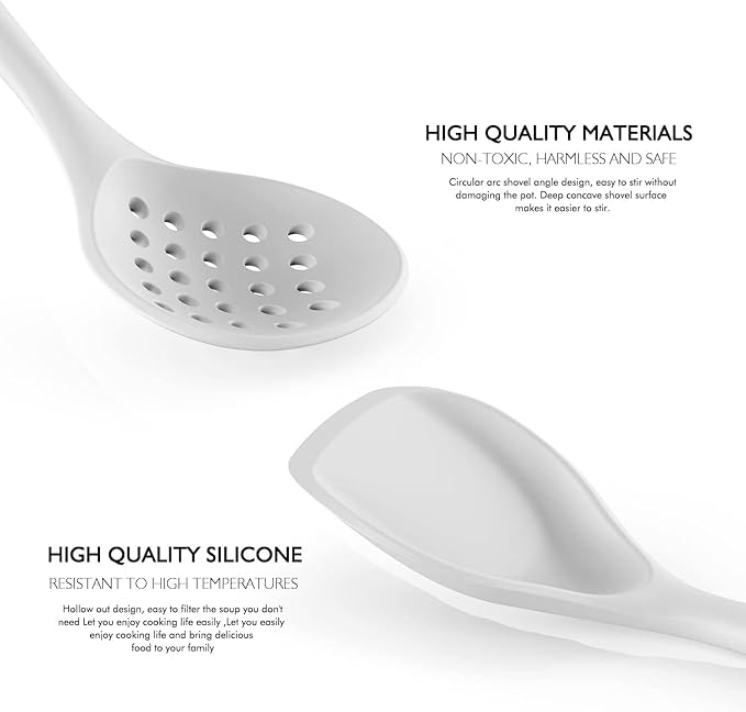 Large Silicone Cooking Utensils Set - Heat Resistant Silicone Kitchen Utensils for Cooking w Wooden Handles, Spatula Set, Kitchen Utensil Gadgets Sets for Non-Stick Cookware, BPA Free (White)
