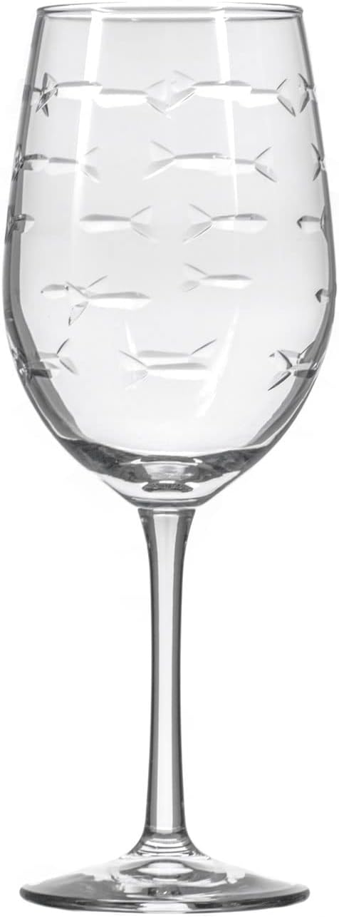 Rolf Glass School of Fish White Wine Glass | 12 ounce Stemmed Set of 4 | Lead-Free Glass | Diamond Wheel Engraved in America