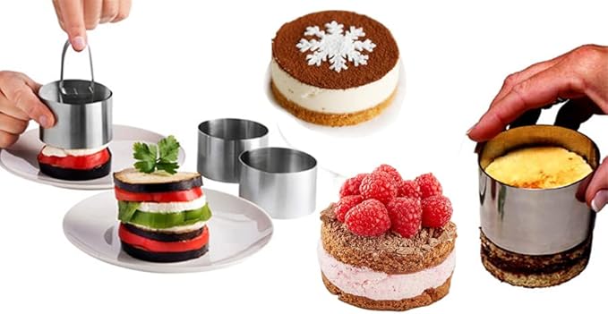 Uncle Jack 9 Pieces Round Cake Ring Molds, Stainless Steel Cake Ring Mold with Pusher, for Kitchen Tools, Baking Pastry (Include 9 Rings and 3 Pushers)