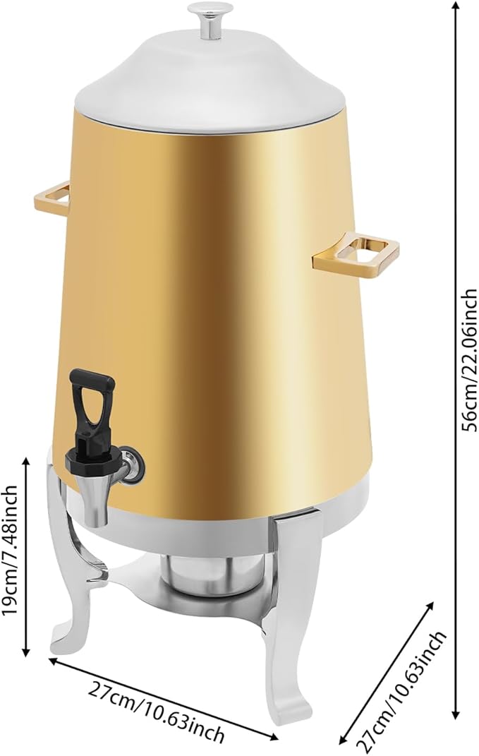 Coffee Urn with Fuel Holder 3.5 Gal/13L, Stainless Steel Beverage Dispenser Hot Drink Dispenser with Stand, Tea Water Coffee Chafer Urn for Parties Buffet Catering Commercial Home (Gold + Silver)