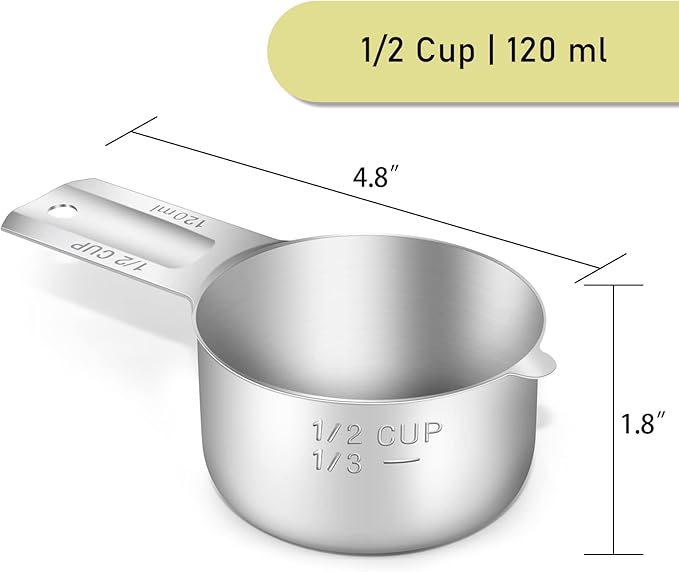 2PCS 1/2Cup (120ml, 4oz) Single Measuring Cup, Stainless Steel Measure Scoop, Metric and US Measurement, Dishwasher Safe