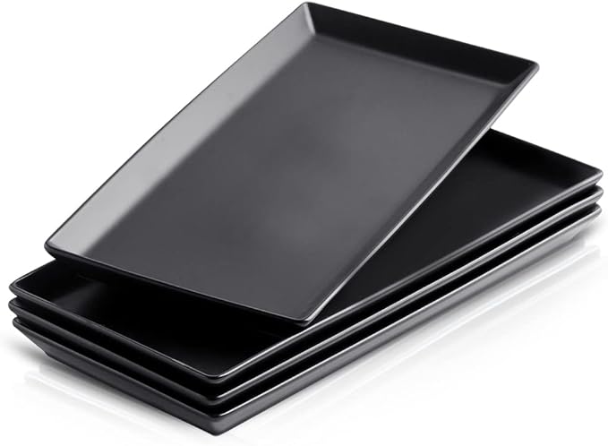 KOOV Ceramic Serving Tray, 14 Inches Large Serving Platter, Rectangular Serving Tray, Porcelain Serving Plates, Ceramic Serving Dishes for Dinner, Party, Sushi, Dessert, Food, Set of 4 (Matte Black)