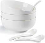 Houlu 55 oz Large Soup Bowl, 8 inch Ramen Bowl Set, Pho Bowls and Spoons Set of 3, Off White Porcelain Serving Bowls