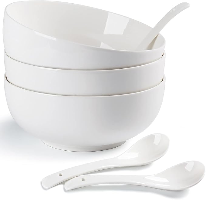 Houlu 55 oz Large Soup Bowl, 8 inch Ramen Bowl Set, Pho Bowls and Spoons Set of 3, Off White Porcelain Serving Bowls