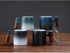 2-Oz Ceramic Espresso Cups with Wood Handle, 2/4-Piece Set for Coffee, Tea, Latte - Dishwasher Safe, Multi-Color & Wood Styles, Gift & Café Use (blue white, Wooden Handle2)