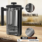 French Press Coffee Maker (1.75L)-Double Walled Large Coffee Press with 2 Extra Filters-Enjoy Granule-Free Coffee, Stylish Rust Free Kitchen Accessory-Stainless Steel (Black)