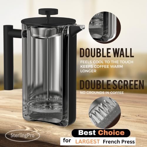 French Press Coffee Maker (1.75L)-Double Walled Large Coffee Press with 2 Extra Filters-Enjoy Granule-Free Coffee, Stylish Rust Free Kitchen Accessory-Stainless Steel (Black)