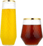48 Pack Ribbed Origami Ripple Plastic Glasses 24 9oz Stemless Champagne Flutes & 24 12oz Cups BPA-Free, Disposable, Shatterproof Drinkware for Weddings, Bars, Events (Hammered Diamond Gold Rim)