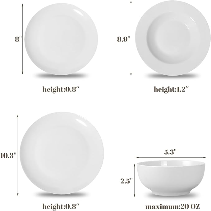 16-Piece Dinnerware Set for 4, White Porcelain Plates and Bowls, Chip Resistant Dishwasher Safe for Family Dining and Daily Use