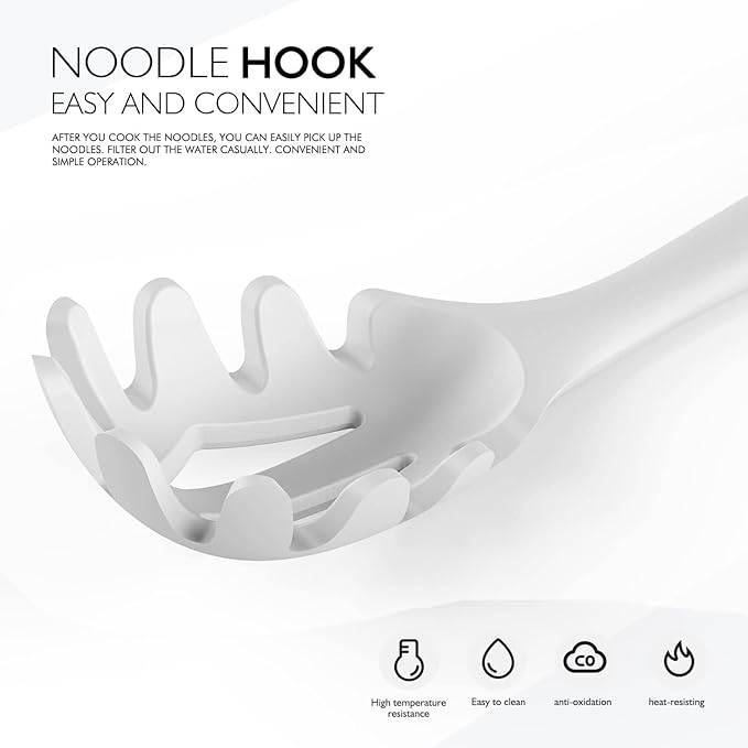 Large Silicone Cooking Utensils Set - Heat Resistant Silicone Kitchen Utensils for Cooking w Wooden Handles, Spatula Set, Kitchen Utensil Gadgets Sets for Non-Stick Cookware, BPA Free (White)