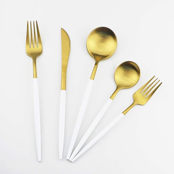 Gugrida White Gold Flatware, Royal 20 Piece Matte White Handle 18/10 Stainless Steel Tableware Sets for 4 Including Forks Spoons Knives, Camping Silverware Travel Utensils Set Cutlery (White Gold)