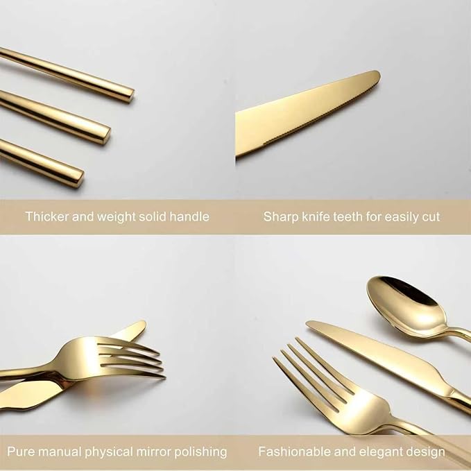 Gold Silverware Set, 20-Piece Flatware Cutlery Set Service for 4, Heavy Duty Titanium Coating Modern Design, 18/0 Stainless Steel Utensils, Dishwasher Safe