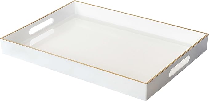 White Sturdy Acrylic Serving Tray with Handles-15.7x11.8Inch, Morden Plastic Rectangular Serving Tray for Coffee Table Bathroom, Ottoman, Home Decor