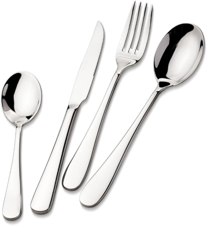 16 Piece Heavy Duty Silverware Set with Steak Knives for 4, Stainless Steel Cutlery Set, Modern Flatware Set, Utensils Set for Home, Dorms, Resturant, Cafes, Mirror Polished and Dishwasher Safe