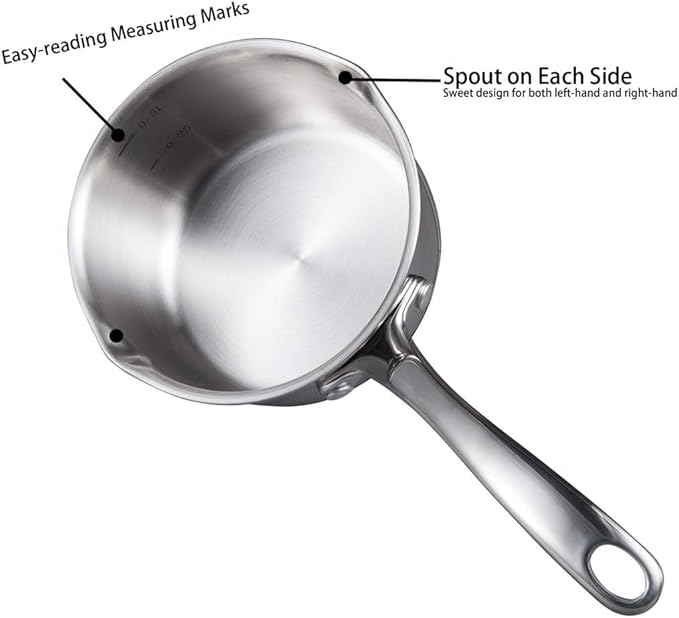 IMEEA Butter Melting Pot Butter Warmer 18/10 Tri-Ply Stainless Steel Saucepan with Dual Pour Spouts, 0.5-Quart, Silver