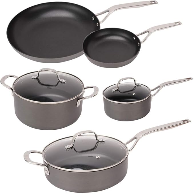 Swiss Diamond Hard Anodized 8 Piece Cookware Set, Nonstick Diamond Coated Hard Anodized Aluminum Cookware Set, Includes Lids, Dishwasher Safe and Oven Safe Cookware Set, Grey