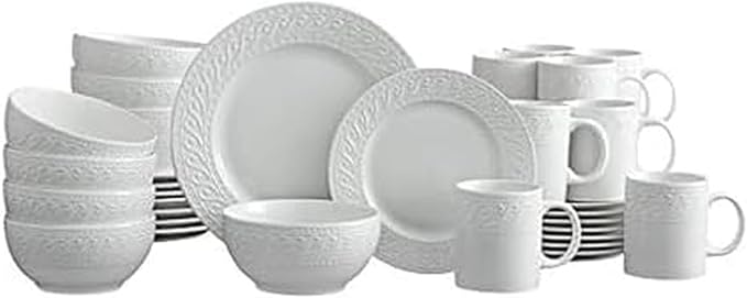 Pfaltzgraff Sylvia 32-Piece White Dinnerware Set, Service for 8, Durable Stoneware Plates, Bowls, and Mugs, Microwave and Dishwasher Safe