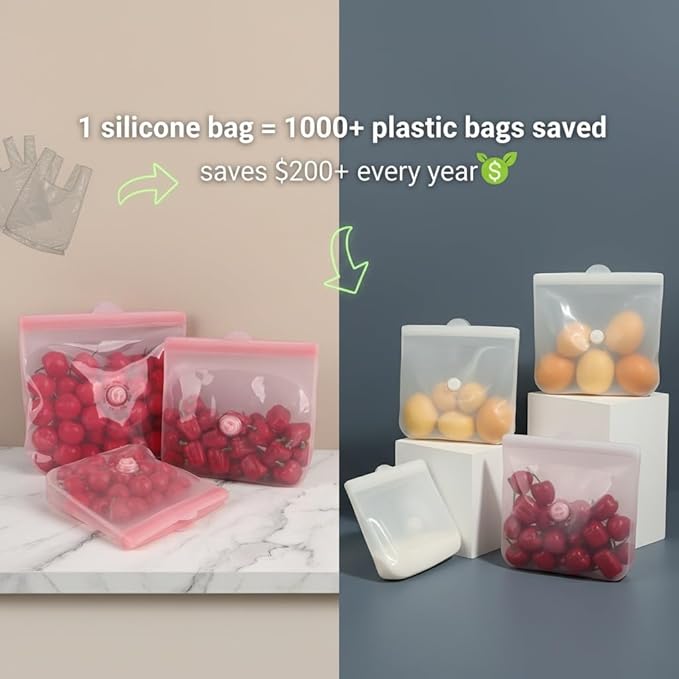 Reusable Silicone Food Storage Bags – Premium Eco-Friendly Multi-Size Set (650ml/1300ml/2000ml), Leakproof, BPA-Free, Freezer & Microwave Safe, Dishwasher Friendly (Pink)