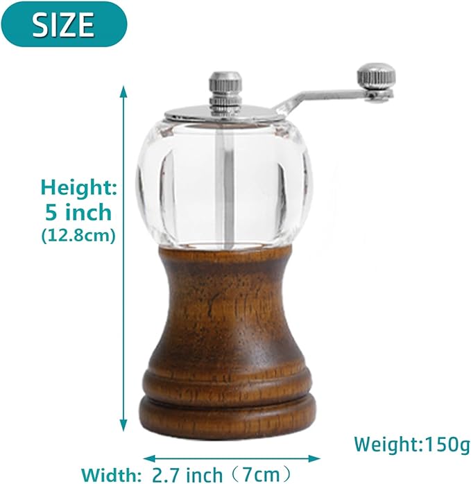 Manual Pepper Mill Acrylic Hand Crank Salt & Peppercorn Grinder Rustic Wooden Pepper Shaker with Adjustable Coarseness Ceramic Core, Metal Handle (Walnut color 1pcs-5in)
