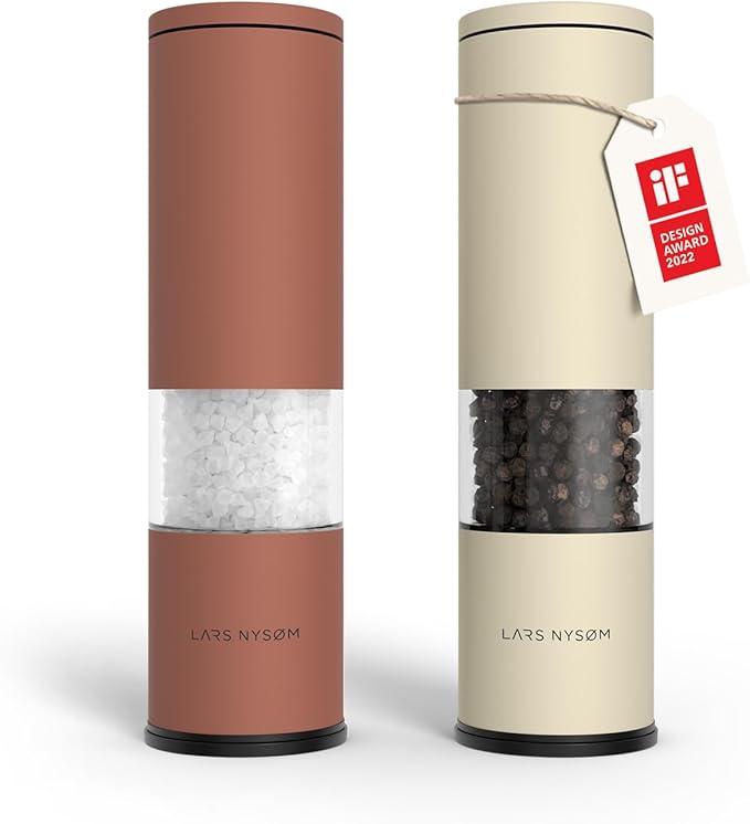 LARS NYSØM Salt and Pepper Grinder Set Manual, Stainless Steel Salt and Pepper Mills with Adjustable Ceramic Grinder I Design Spice Shakers (Red/Beige)