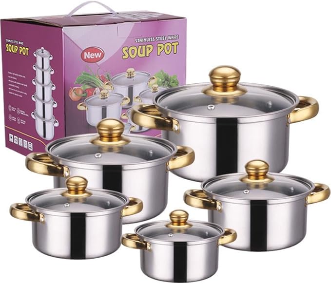 10PCS Stainless Steel Cookware Sets Nonstick Cookware Pot Dishwasher Safe Pots with Glass Lids for Soup, Pasta, Stew, Rice, Healthy Everyday Use for Gas Electric Halogen Ceramic Induction Hobs 02