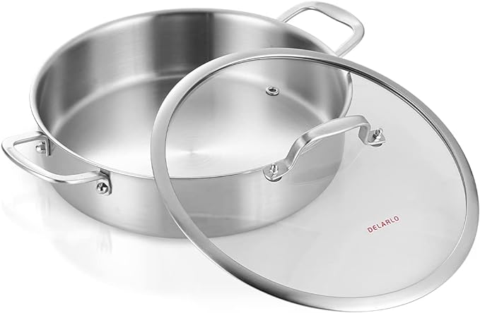 DELARLO 5.5QT Tri-Ply Stainless Steel Saute Pan With Lid, 12.3inch Braiser Pans, Large Frying pan,18/10 Induction Skillet with Glass Lids, Efficent Fast pan for Boiling, Braising, Stewing, Sautéing