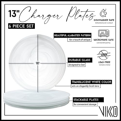 Vikko Charger Plates, Set of 6 White Alabaster Dinner Plates, 13" Plate with Marbelized, Swirl Design, Elegant Glass Charger, Dishwasher Safe