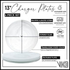 Vikko Charger Plates, Set of 6 White Alabaster Dinner Plates, 13" Plate with Marbelized, Swirl Design, Elegant Glass Charger, Dishwasher Safe
